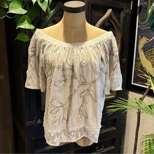 Lucky Brand Linen blend off shoulder embroidery lace trim textured peasant top